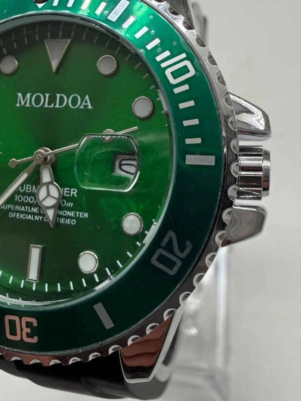MOLDOA DIVER MENS GREEN 43MM AUTOMATIC DATE STEEL RUBBER BAND WATCH NIB